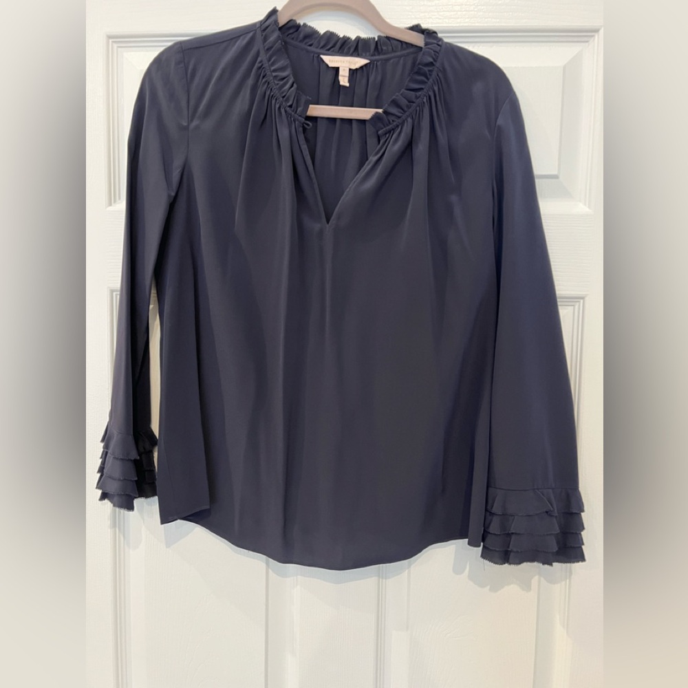 Rebecca Taylor navy 100% silk Ruffle Sleeve Women's Top Size 8